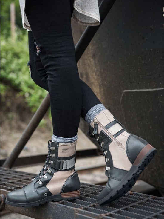 Sorel Shoes - Sorel Major Carly Snow Combat Boots Leather Canvas Mid Calf Lace Up Sand Black